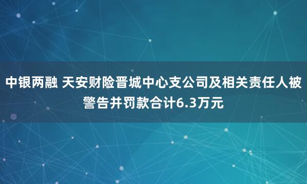 中银两融 天安财险晋城中心支公司及相关责任人被警告并罚款合计6.3万元